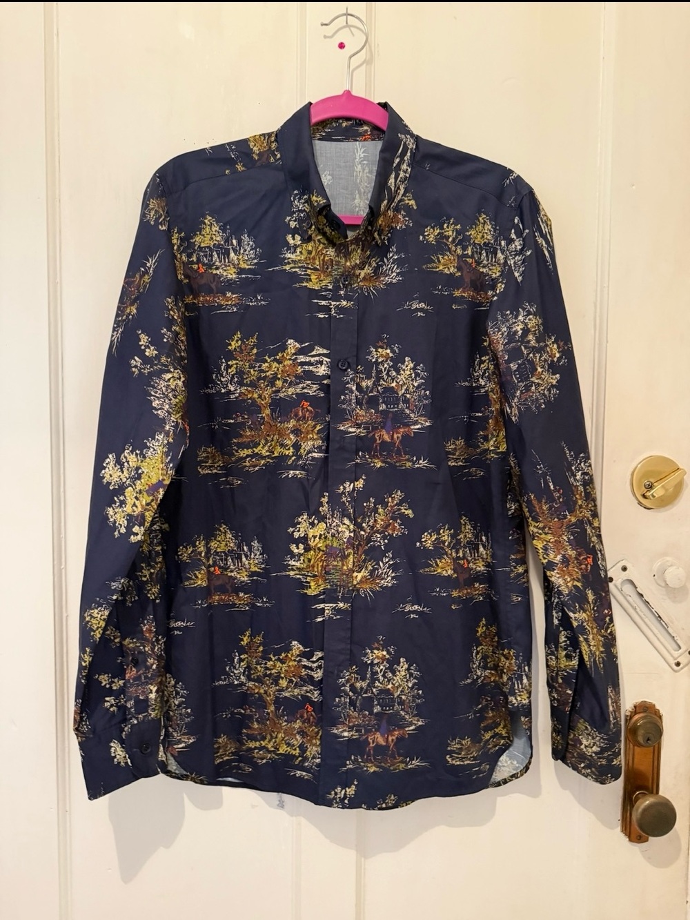 Hill House Home Equestrian Toile Print Button Down Shirt Navy Long Sleeve Top